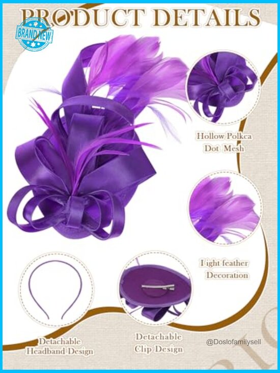 8 Piece Fascinator Hat Set with Feathers and Flowers for Weddings and Tea main image 6